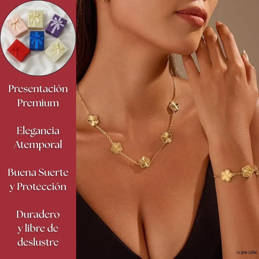Set Trébol Bañado en Oro 18K – Pulsera y Collar, Buena Suerte y Elegancia - Tiendas La Gran Latina